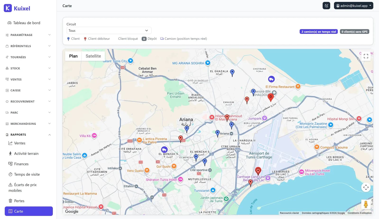 Carte Kuixel du secteur : clients, clients débiteurs en rouge, dépôt et camions en temps réel.