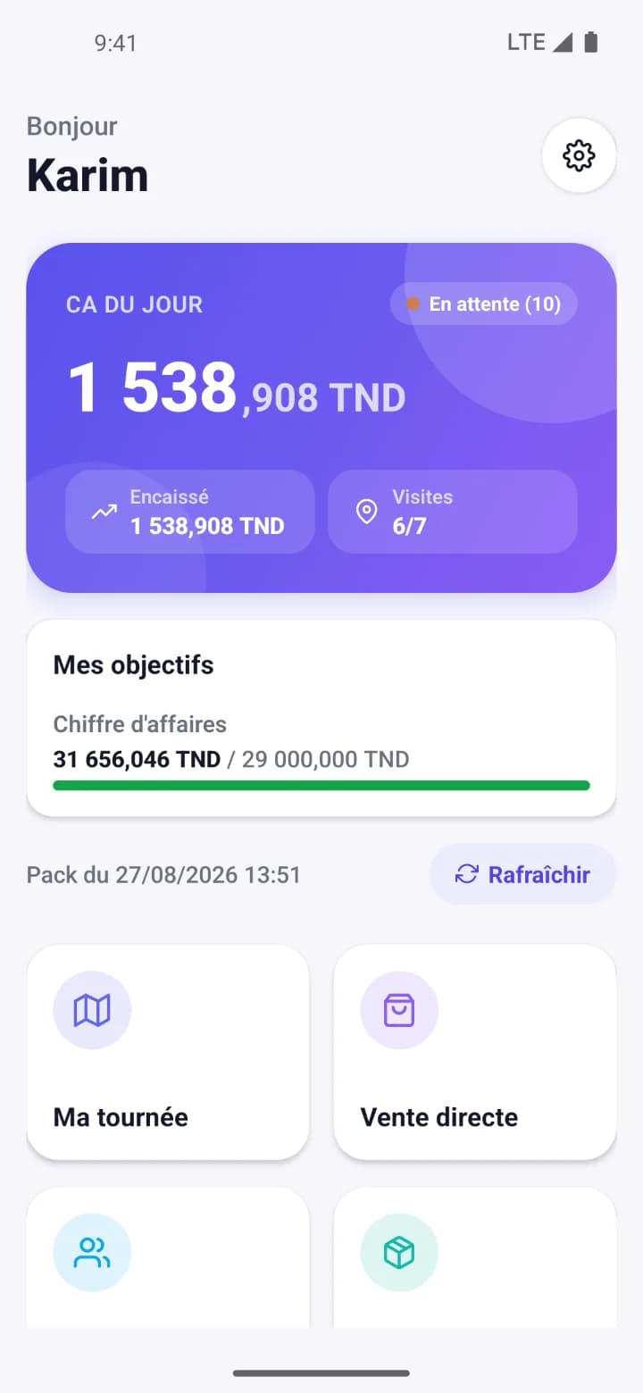 Accueil de l'application vendeur Kuixel : chiffre d'affaires du jour, visites et objectif mensuel.
