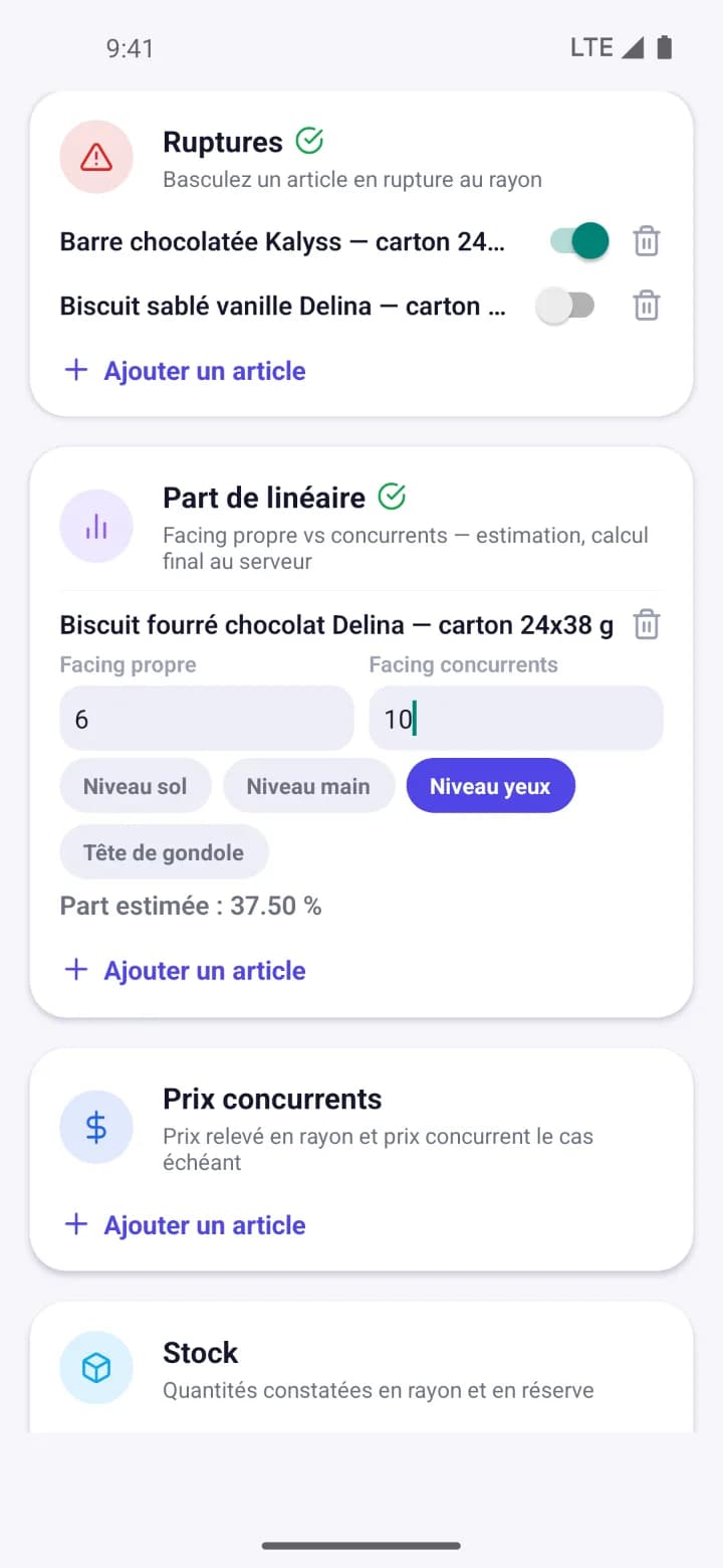 Saisie d'un relevé merchandising Kuixel : ruptures et part de linéaire calculée en magasin.