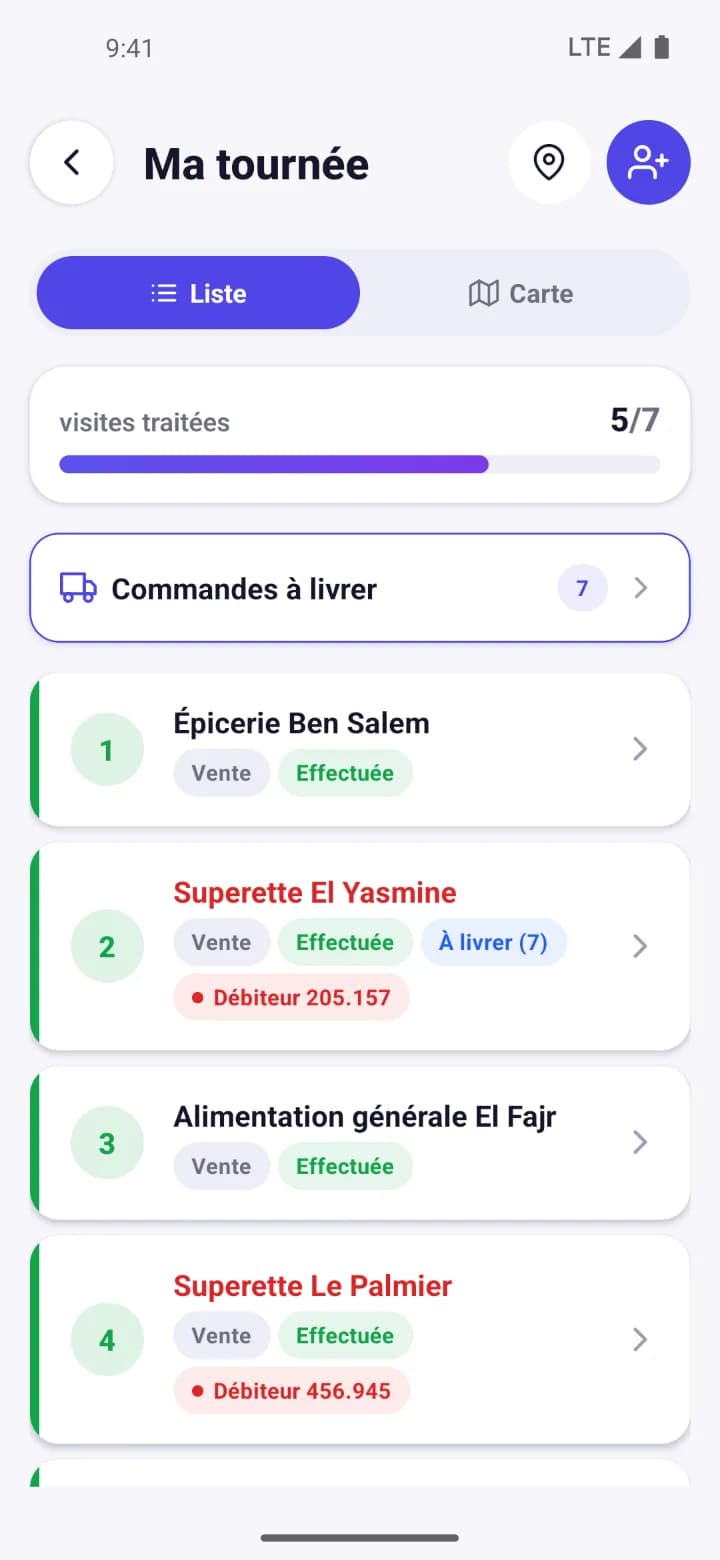 Tournée du jour dans l'application vendeur Kuixel : arrêts numérotés, adresses et progression des visites.