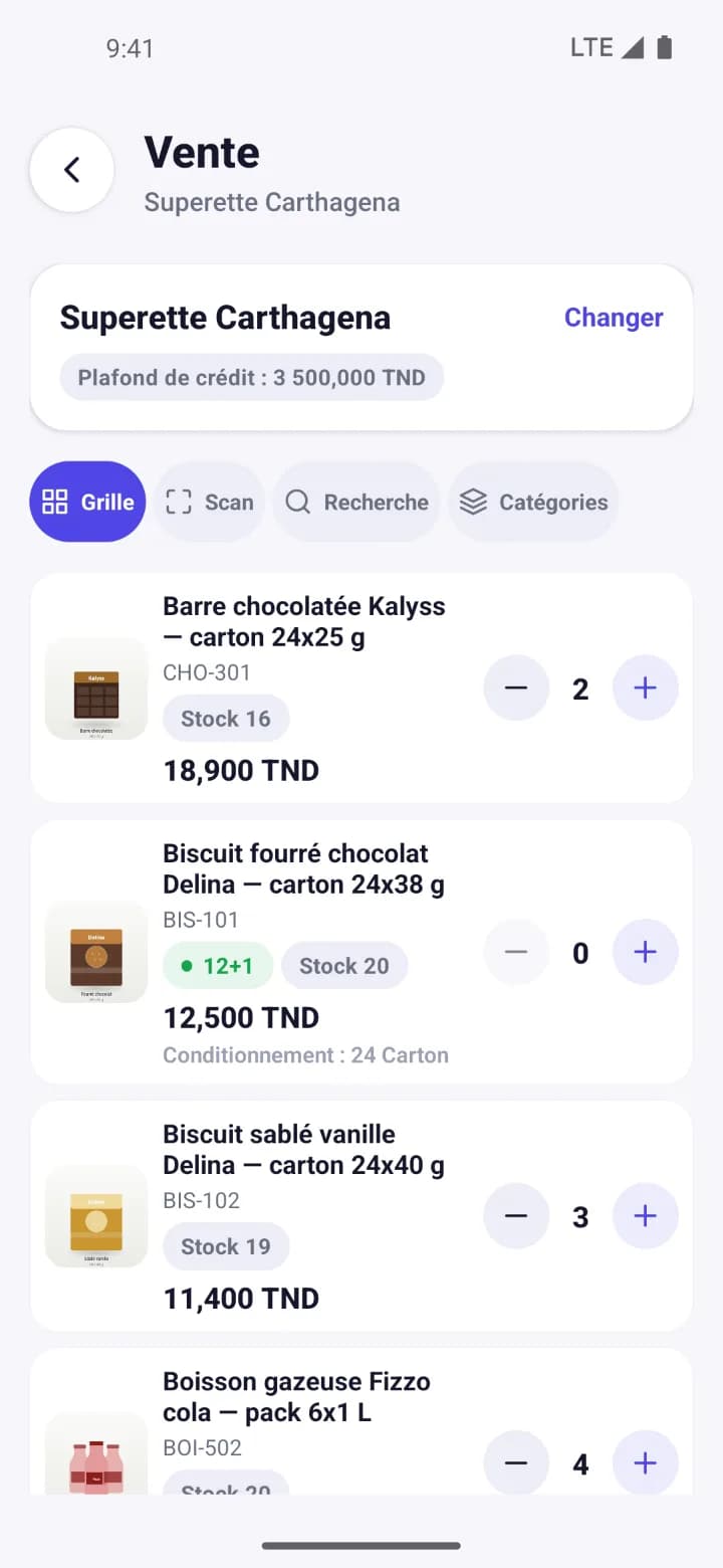 Grille de vente de l'application Kuixel : articles avec photo, prix, stock camion et promotion.