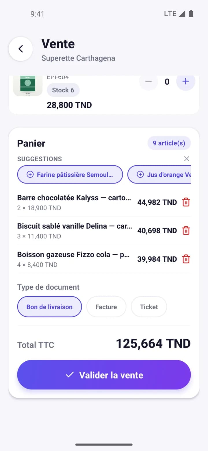 Panier de vente Kuixel : lignes valorisées, choix du type de document et total TTC avant validation.